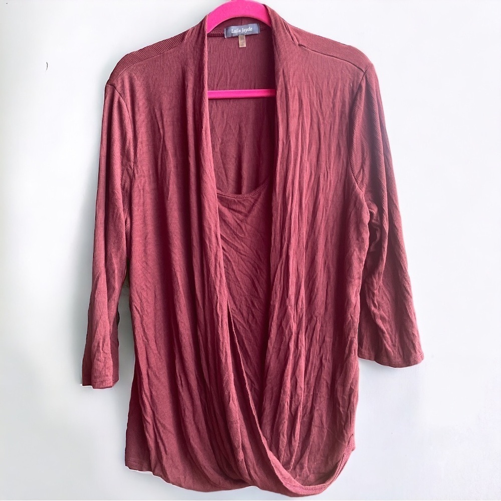 Laila Jayde Wine Red Ribbed Long Sleeve Faux Wrap Top - Size 3X